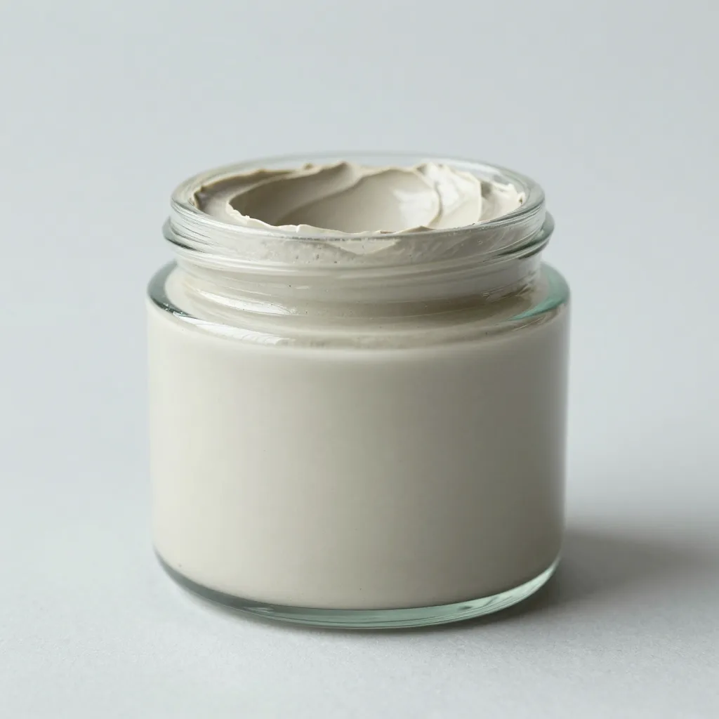 A jar of fine pale glacial clay on a light background
