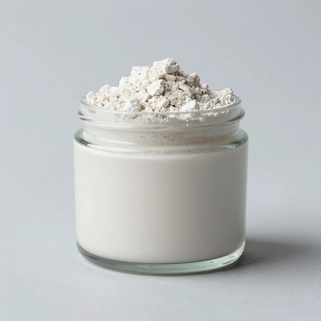 A jar of coarse pale glacial clay on a light background