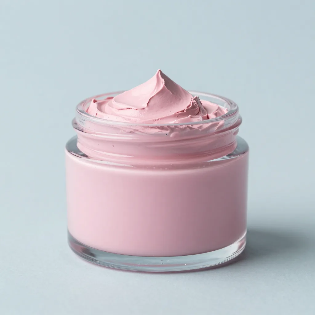 A jar of pink glacial clay on a light background