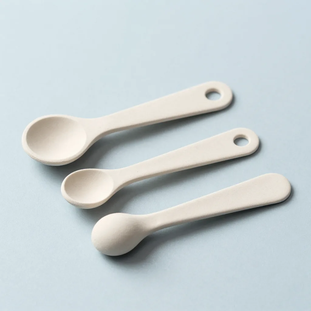 A sampler pack of four small glacial clay scoops on a light background