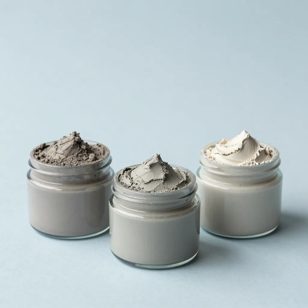 Three small jars of glacial clay on a light background